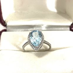 Brand New Aquamarine Stone Set In A Solid Silver Promise Ring. Size 7 