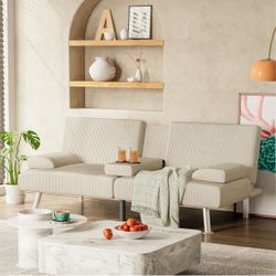 New Corduroy Folding Sofa Bed, Adjustable Couch Bed for Small Apartment, Upholstered Living Room Furniture Set with 2 Cup Holders, Removable Armrests 