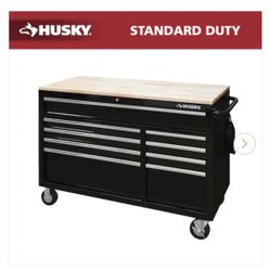 BRAND NEW STILL IN BOX Husky 52 in. W x 25 in. D Standard Duty 9-Drawer Mobile Workbench Tool Chest with Solid Wood Top in Gloss Black