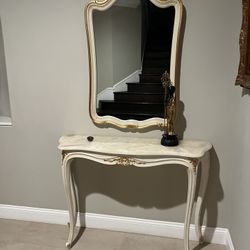 Antique Marble And Wood Table W Mirror 