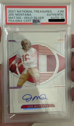 GEM AUTO 10(POP 1) 2021 Panini National Treasures Joe Montana MAT. SIG- HOLO SILVER PSA/DNA CERT