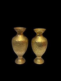 Pair of Antique Persian Brass Vases 9in