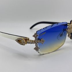 Cartier Iced Out Diamond Cut Lens White Buffalo Horn Sunglasses