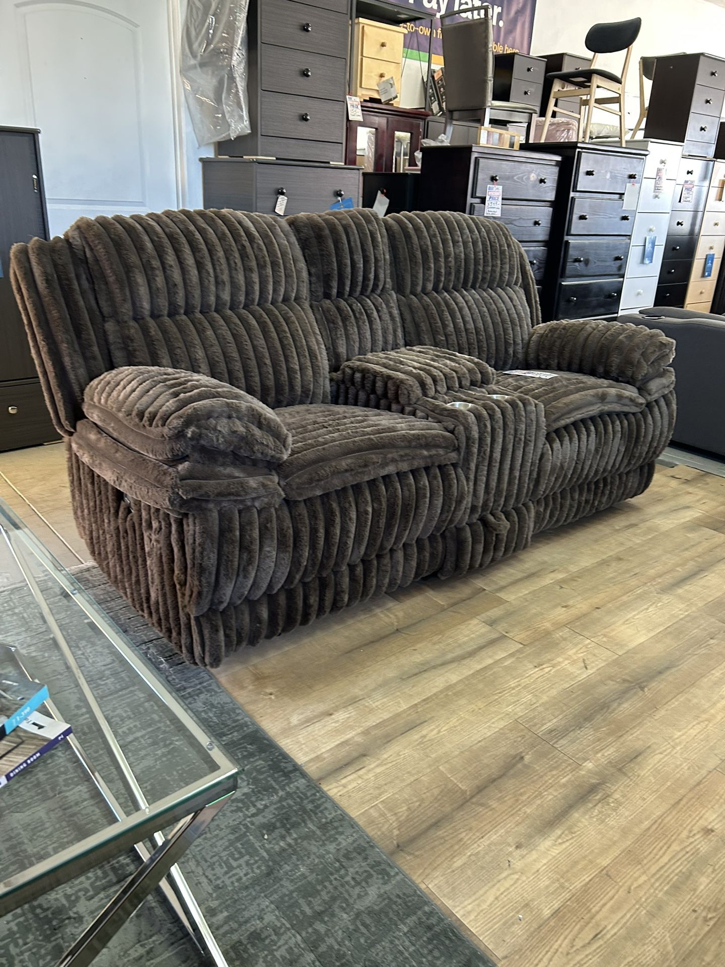 Fur Like Fabric Manual Recliner Loveseat With Storage And Cup Holders