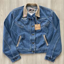 Schaefer Outfitter Vintage Blue Denim Jacket w/ Leather Collar  Womens Medium