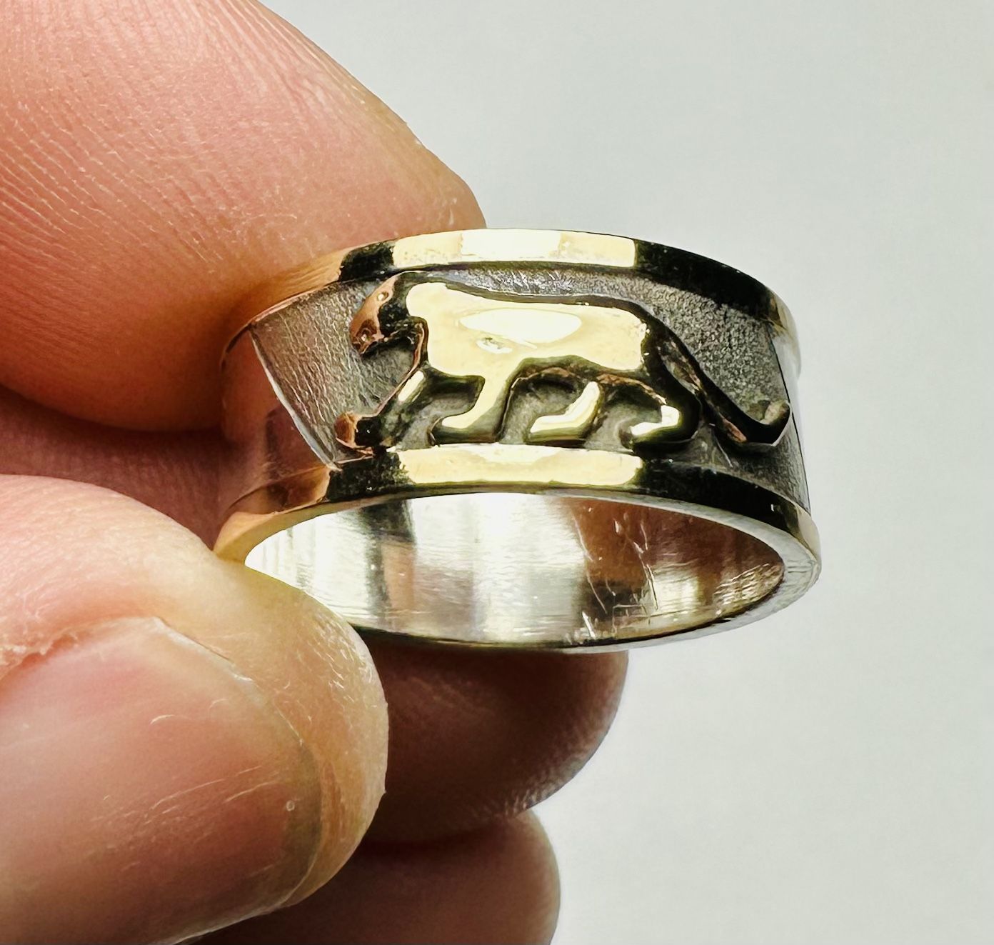 925 Silver & 18K Gold Tiger Ring with Gold Edges – Size 5, 6.05g