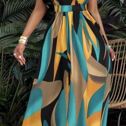 Brilight Tropical Print V-Neck Waist Section Cable Knit Fit And Flare Dress Maxi Women Outfit