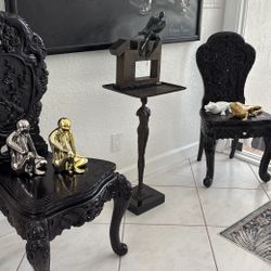 $25 Per Statue. Silver Male Thinker, Gold Iguana Or Nude Man. Or White Crocodile Croc Alligator, $25 Each.  Antique Asian Dragon Chairs  $250 Each. 
