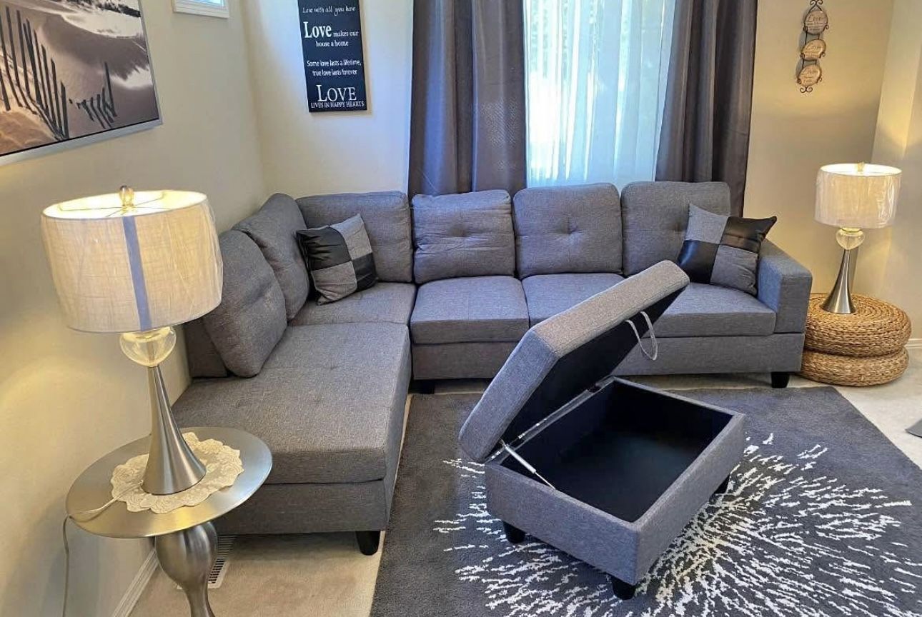 Gray Linen Sectional Couch And Storage Ottoman