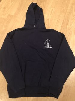 Navy Blue Hoodie Mens w Boat Graphic on Chest (Gently Used) Sweatshirt