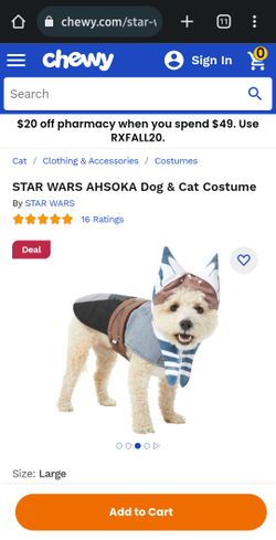 Disney Star Wars Ashoka Dog Costume Dress Cosplay NEW Size XL