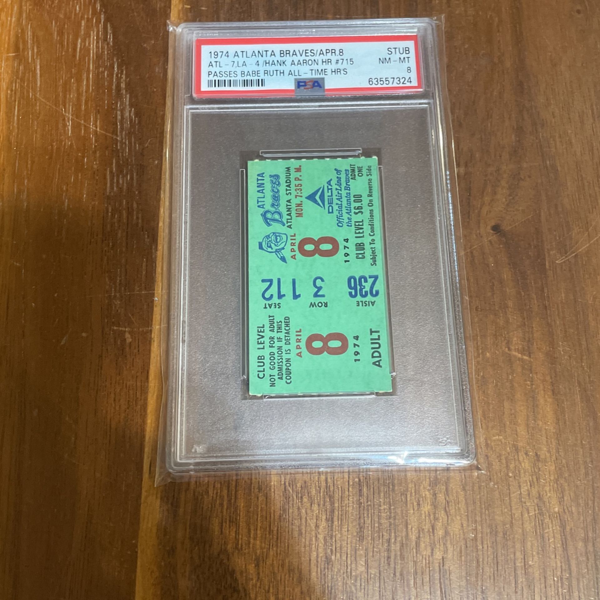 1974 Atlanta Braves ticket stub PSA 8 - 4/8/74