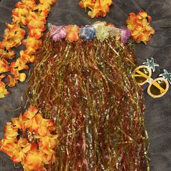New Hawaiian costume with Grass Skirt, Sunglasses, Leis Necklace Bracelet Set for older Kids and Adults. 