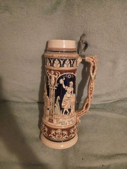 German Ceramic Beer Stein with Metal Lid