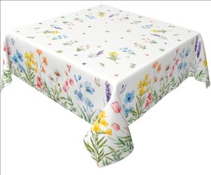 Spring Floral Tablecloth Square 54x54 Inch Green Pink Blue Yellow White Flower Leaves Wildflower Summer Decorative Table Cloth Seasonal Farmhouse for