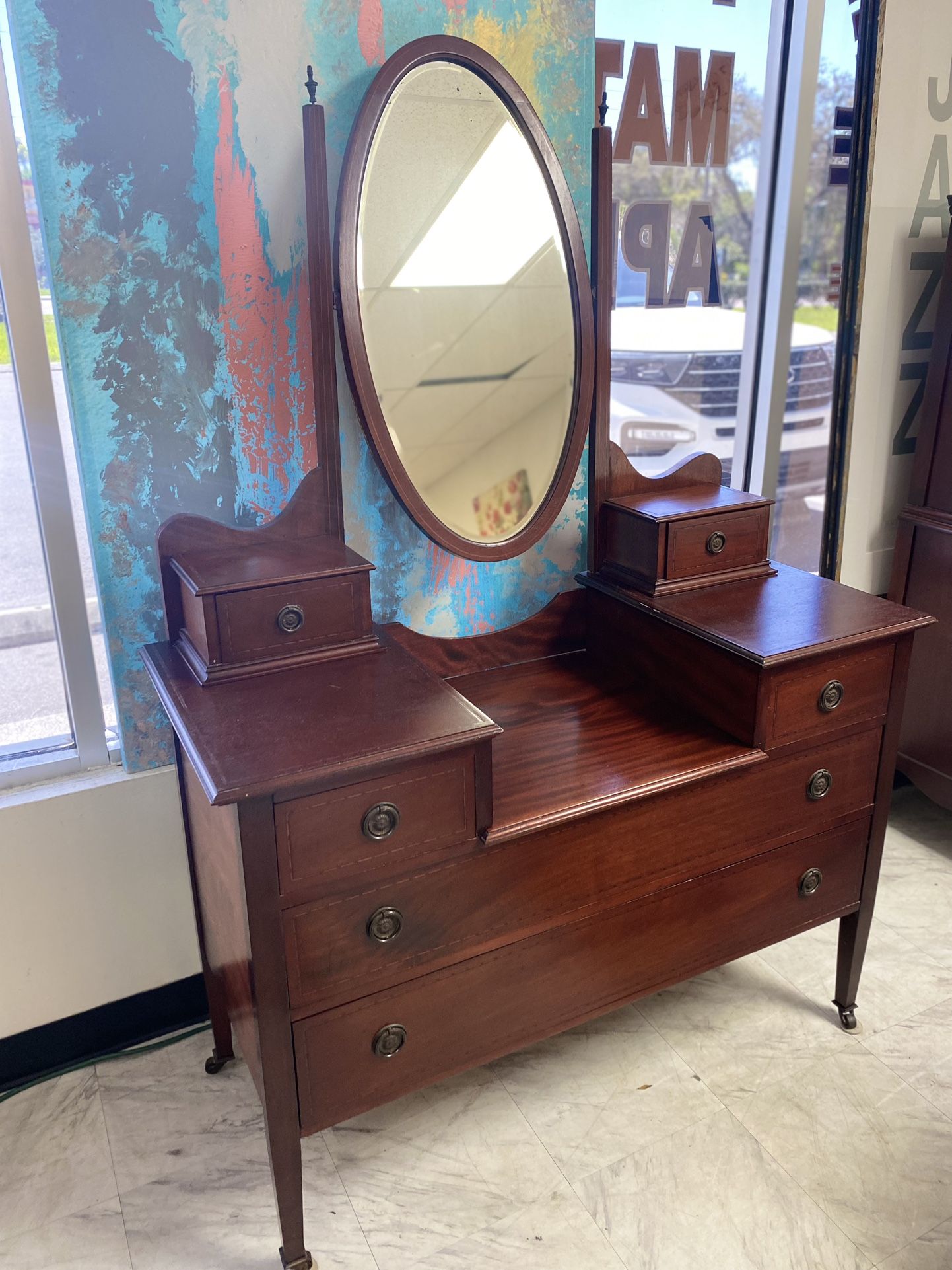 Beautiful Antique Edwardian Mahogany Inlaid Vanity with Oval Mirror. From England in the 1920’s $199.99 