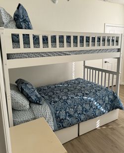 Like-New White Twin Bunk Bed w/ Stairs + Drawers – Solid Wood – $549