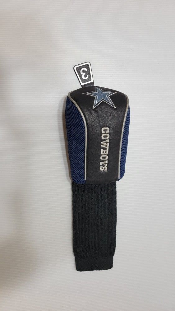 DALLAS COWBOYS HEAD COVER FOR #3 WOOD GOLF CLUB(Black Leather w/Stitching)
