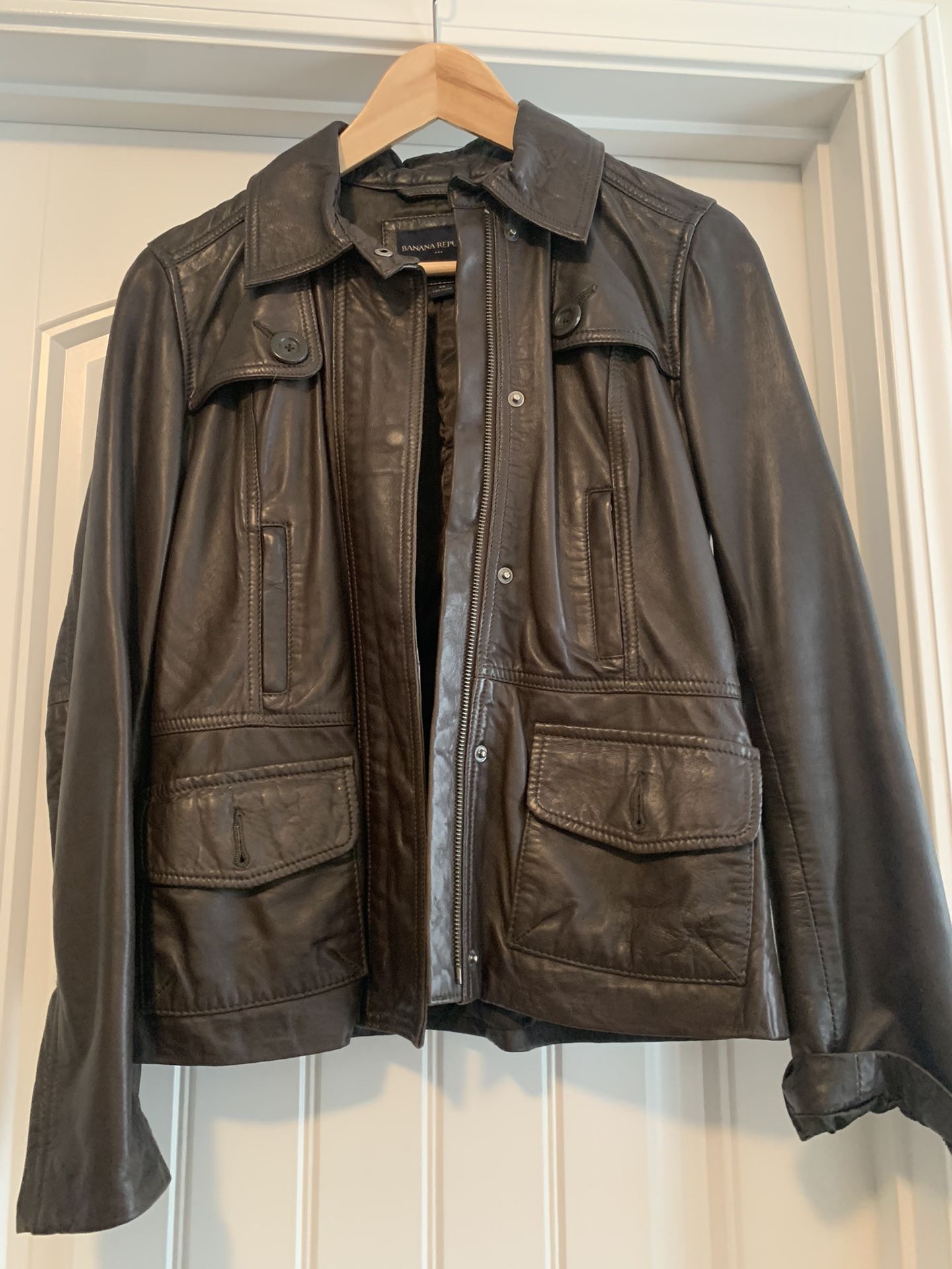 Banana Republic Women’s 100% leather zip w snap blazer coat jacket Espresso XS