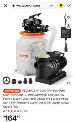 VEVOR 0.5 HP 3000 GPH FlashPure Sand Filter Pump, 12 Inch Swimming Pool Pump, 6X Faster Filtration, Leak-Proof Design, Pre-Loaded Media with Timer, Fi