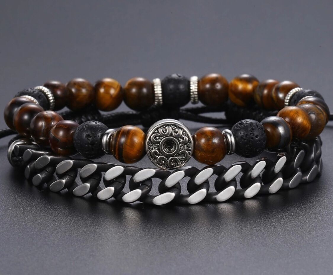 Unique Natural Tiger Eye Stone Men's Beaded Bracelet Stainless Steel Cuban Link Chain Bracelets Male Gifts Dropshipping 8"