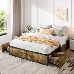 B937 $110  Queen Platform Bed Frame with 2 Large Storage Drawers, Rustic Wood and Metal, Noise-Free, Easy Assembly, No Box Spring Needed, Brown  Indus