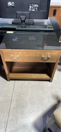 Wood Side Table with Glass Top and Drawer