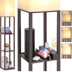 FOLKSMATE Touch Control Shelf LED Floor Lamp with Shelves, Charging USB, Type C Port and Power Outlet, Dimmable Standing Lamp for Living Room, Bedroom
