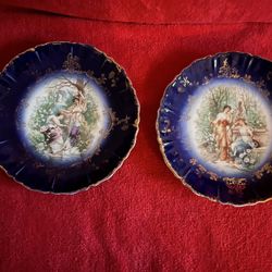 2 Vintage Cobalt Blue & Gold Porcelain Plates With Cameo Scene Of Women 