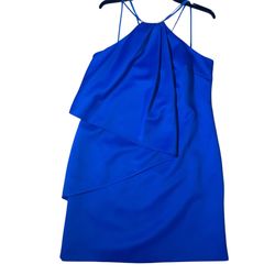 Vibrant Cobalt Blue Strappy Halter Cocktail Dress with Tiered Overlays