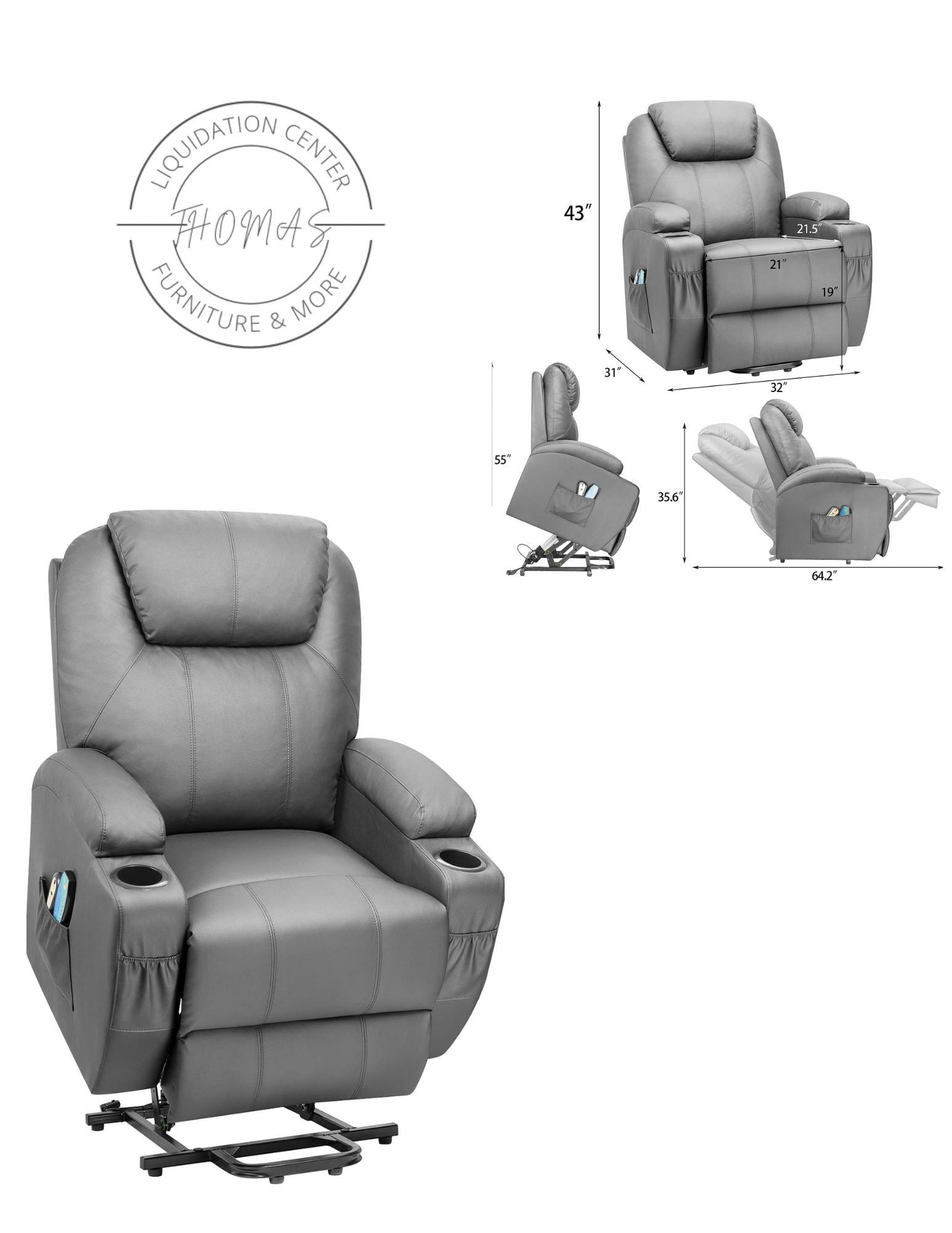 Electric Lift Recliner Double Cup Holders With Massager And Heat 