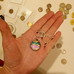 Stunning Italian Hand Crafted Dichroic Irredescent Rainbow Pendant Silver 925 Comes With substancial shiny s Silver 18.5' Extender Chain