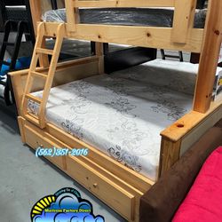 🚚Twin-Full Strong Pinewood Bunk Bed With Mattresses 