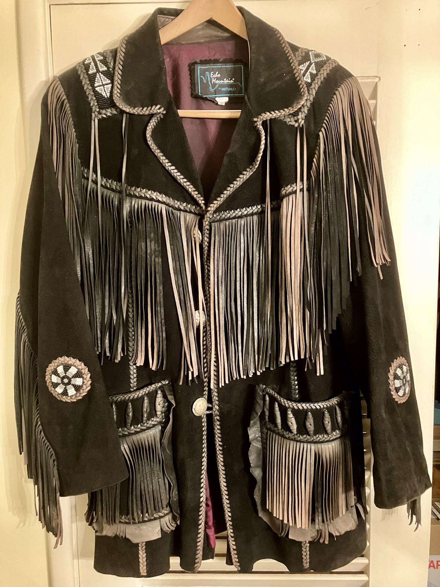 Men’s Fringe Black Suede Beaded Leather Jacket