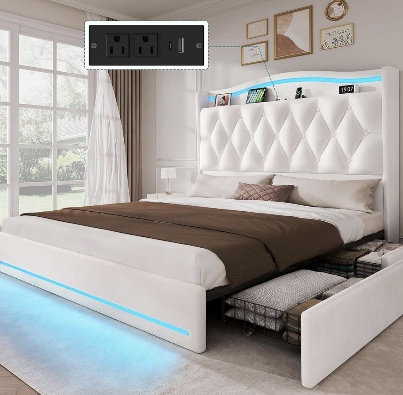 BED FRAME QUEEN SIZE WITH STORAGE DRAWERS AND LED LIGHTING BRAND NEW IN BOX!!!