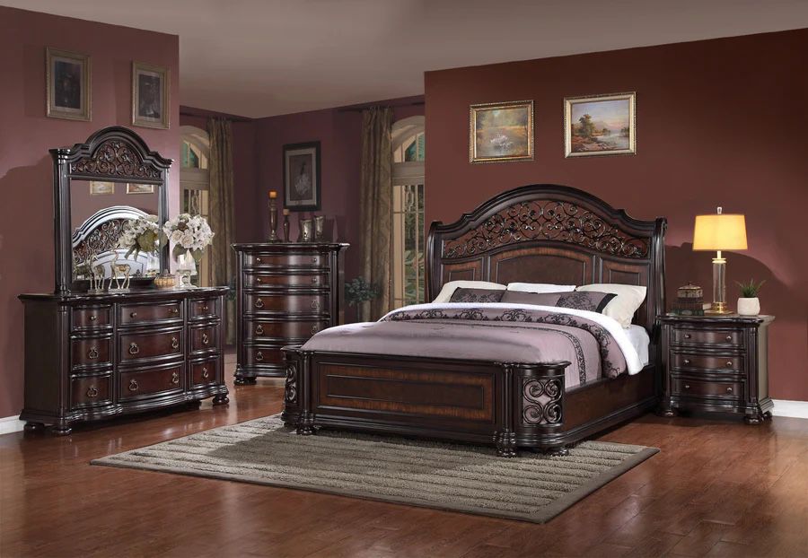 King Size Bed Set - Elegant Bedroom With Metal Scroll Accents