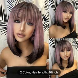 Human hair blend pink with dark end Bob straight wig.