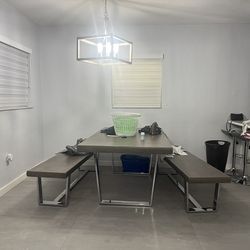 Dining table with bench and 2 chairs.