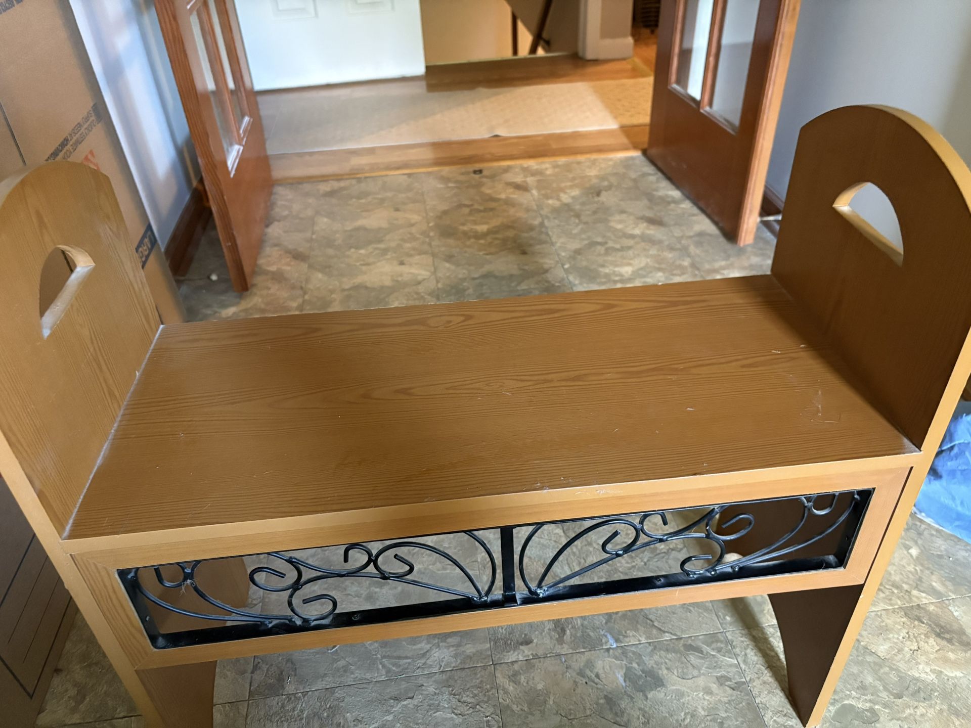 Wooden Bench With Metal Design
