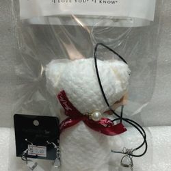 White Coralsilk Rag Bear and Crystal Jewelry Set