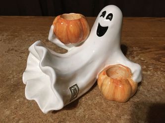 FITZ AND FLOYD HALLOWEEN GHOST HOLDING PUMPKINS CANDLEHOLDER