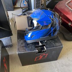 2 Icon Full Faced Helmets With Drop Down Sun Visor. Blue Is Women’s Med/ Black Is XLarge Men’s.