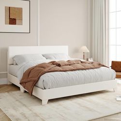 Full Size Bed Frame with Adjustable Headboard, Faux Leather Platform Bed with Wood Slats, Heavy Duty Mattress Foundation, No Box Spring Needed, Noise-