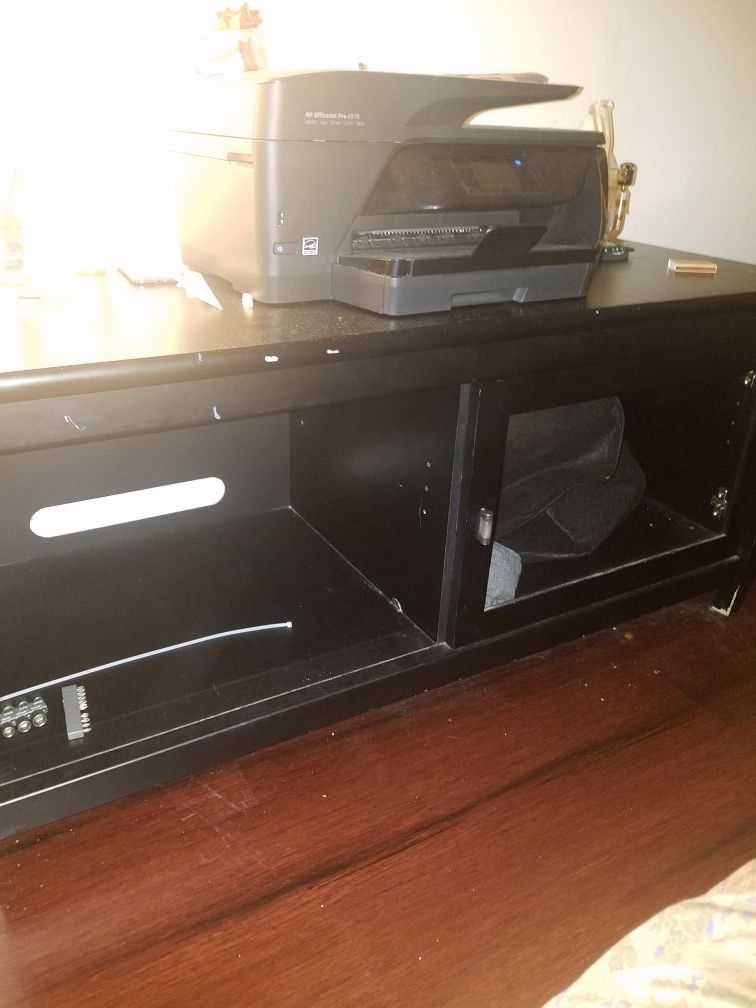 BLACK WOODEN TV stand with cabinets underneath FOR STEREO/ BLUERAY PLAYER / XBOX CONSOLE ETC.
