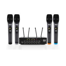 Pyle Portable UHF Wireless Microphone System - Battery Operated Four Bluetooth Cordless Microphone Set