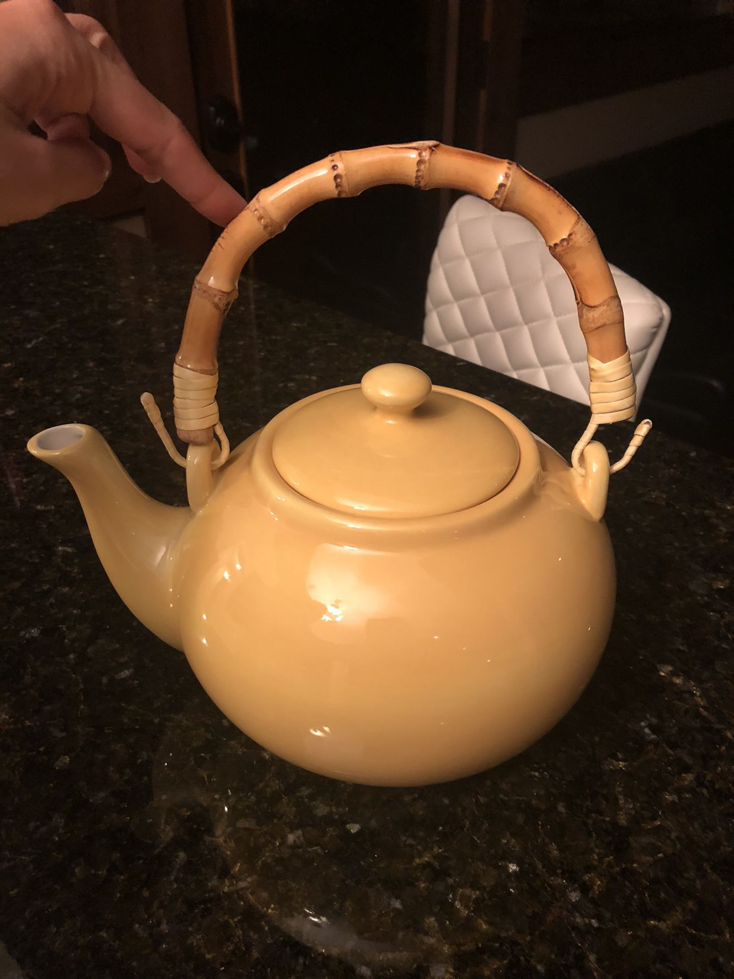 Pottery Barn Sausalito Amber Yellow Tea Pot with Bamboo Handle