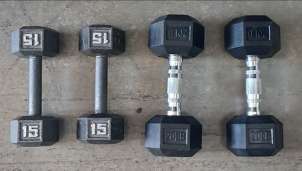 (2)-20lb Pound Rubber Covered Hexagon Dumbbells Weights