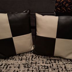 Set Of 2 Leather Throw Pillows Black And White Checkered 16”