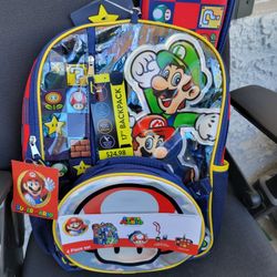 super mario 4 piece backpack lunch box nametag pencil accessory case new with tags