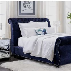 Blue Velvet Sleigh Bed-Queen